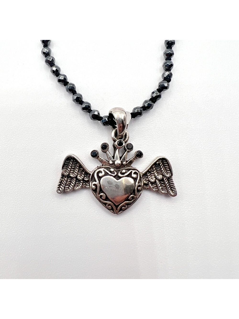28 inch hematite necklace with solid silver Heart Angel pendant